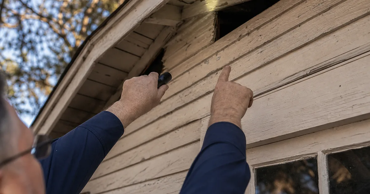 Inspector checking the eaves and attic vents of an early-1900s wood-sided foothill cottage for fire hardening