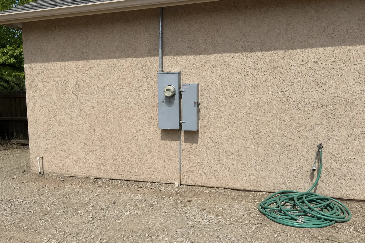 Wide exterior context shot of an electrical meter and disconnect enclosure mounted on a home’s exterior wall, working clearance clear in front of it, daylight