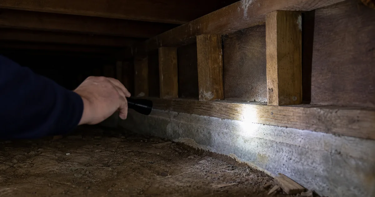 Home inspector examining an unbolted wood-framed cripple wall in the crawlspace of an older South Pasadena home