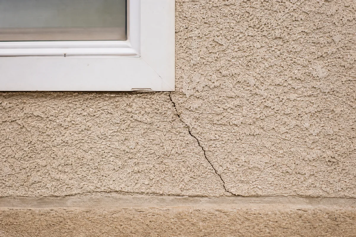 Exterior stucco wall with a diagonal hairline crack running from a window corner toward the foundation line