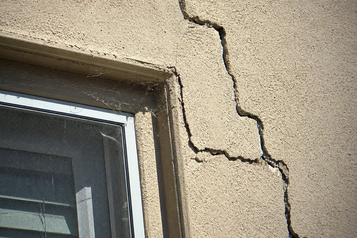 Extreme close-up of a stair-step crack running diagonally through beige stucco at a window corner