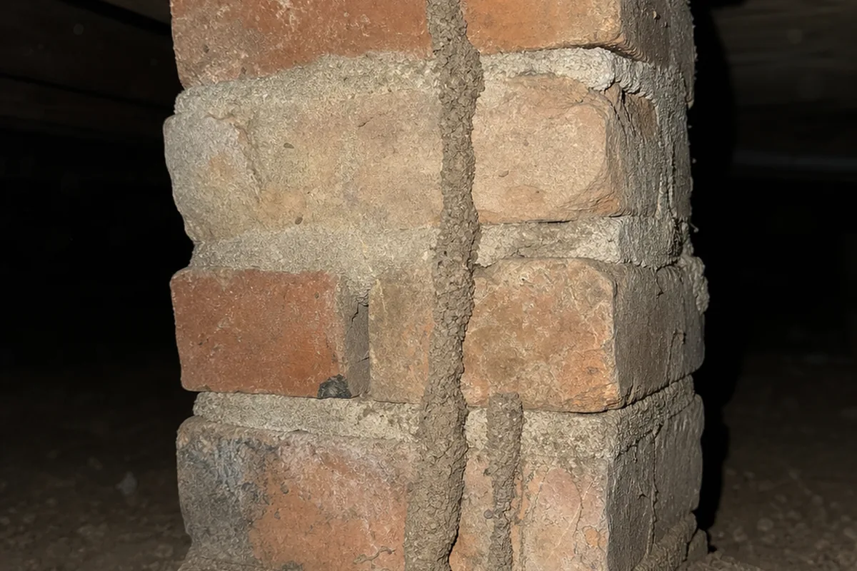 Tight flash-lit view of a mud tube running up a brick foundation pier from the dirt to a wooden beam in a dark subarea