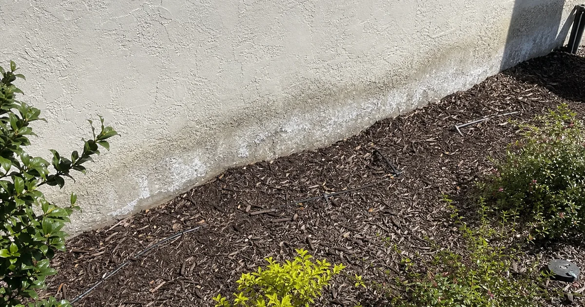 Soil and planter bed sloping back toward a Tarzana home's foundation wall with staining at the base