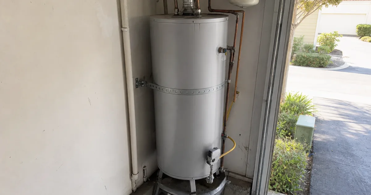 Residential garage water heater installation with seismic strap, expansion tank, and copper plumbing connections
