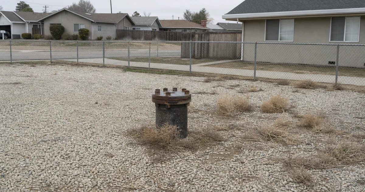 Capped idle oil well stub in a fenced lot next to a residential Torrance neighborhood