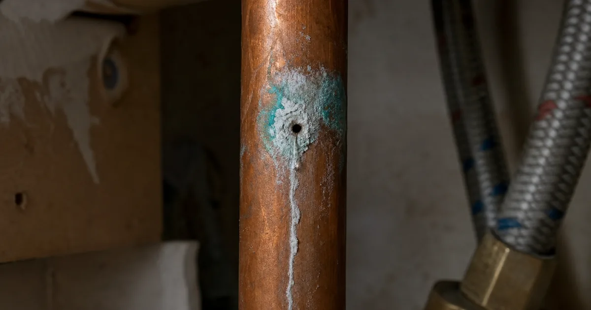 Copper water pipe with a pinhole leak and blue-green corrosion staining under a sink