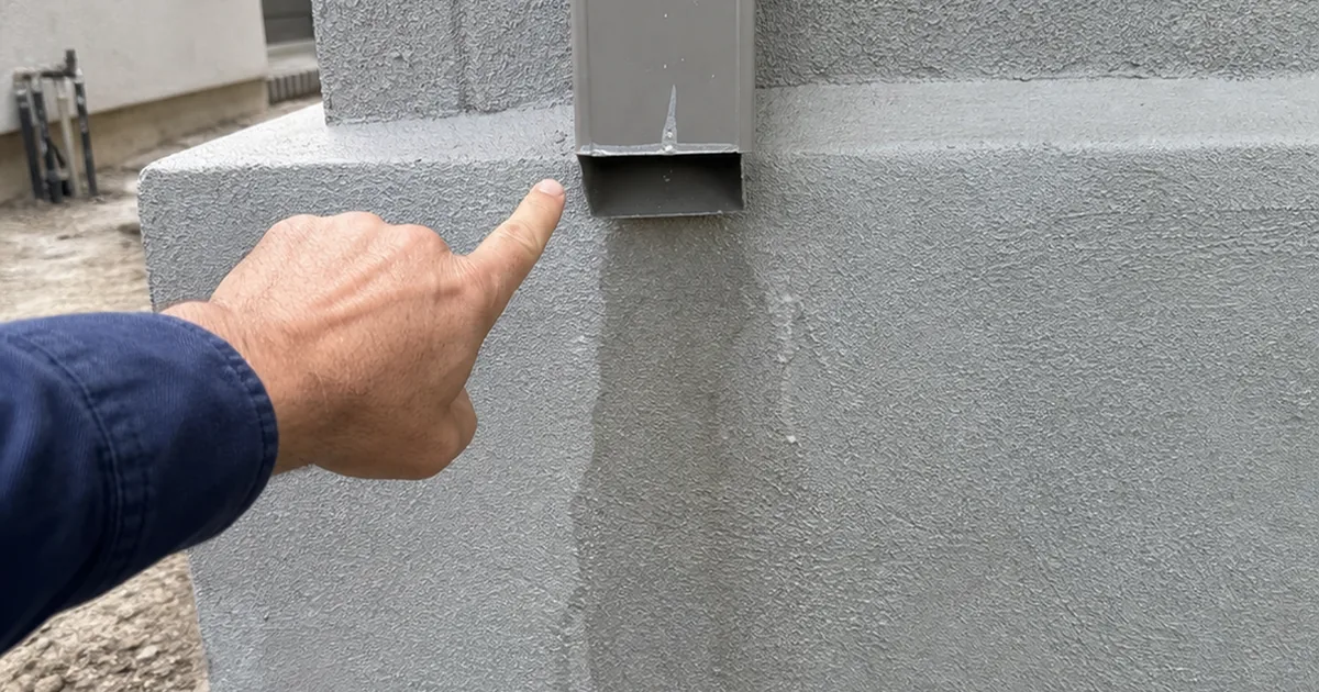Inspector's hand pointing at a downspout discharging directly onto fresh stucco with a visible water stain trail below