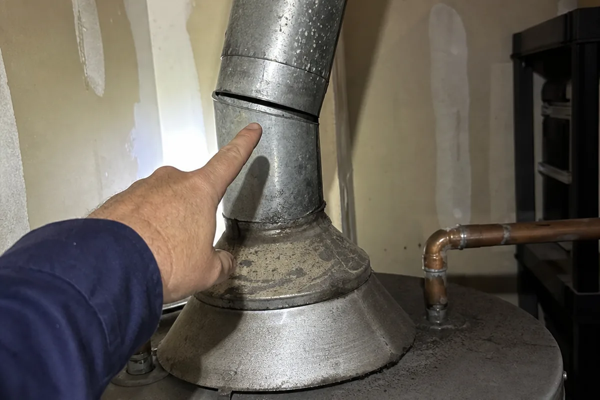 Inspector's hand pointing at a sagging single-wall vent connector above a gas water heater's draft hood, sloping down toward the tank