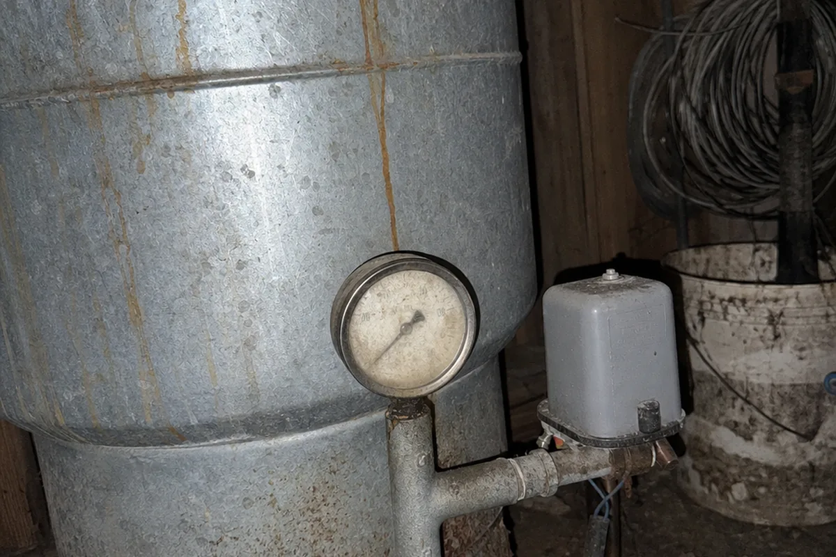 Galvanized private well pressure tank with a weathered analog gauge and pressure switch in a dim rural well house
