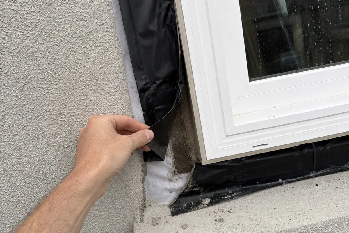 Hand peeling back a lifted corner of flashing tape at a new window flange, revealing an unbonded gap and damp staining