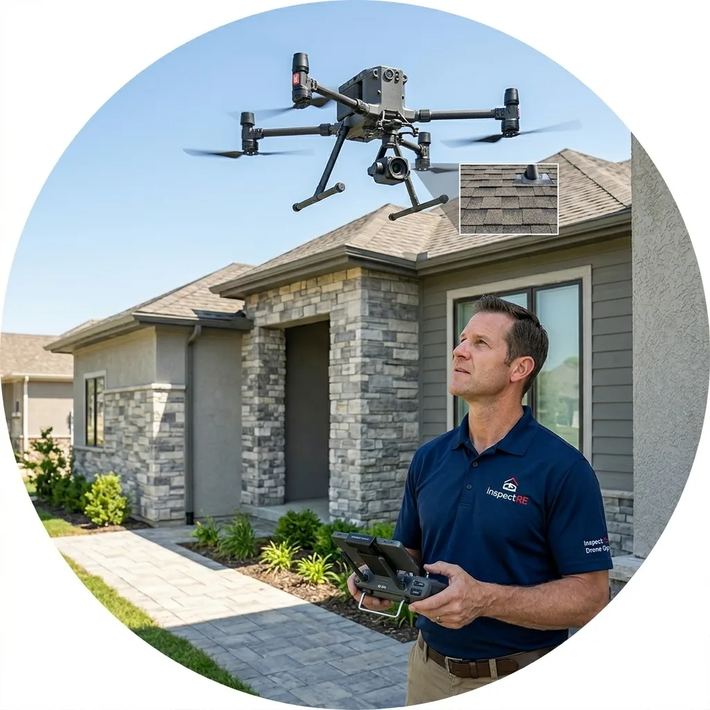 Inspection.re FAA certified drone pilot performing aerial roof inspection in California