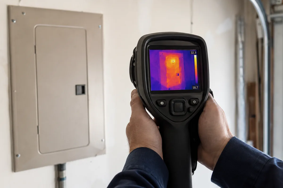 Home inspector pointing a FLIR thermal imaging camera at a closed residential electrical panel, the screen showing a hot spot at the main breaker