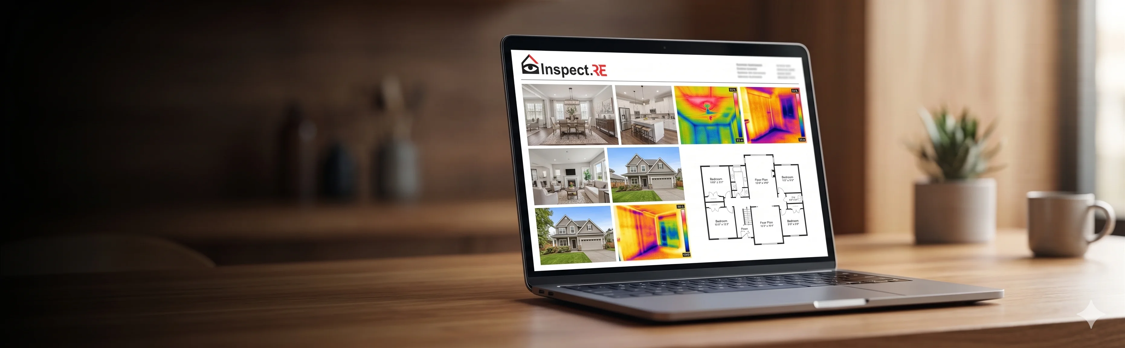 Same-day Inspection.re home inspection report with infrared thermal imaging and floor plans on laptop