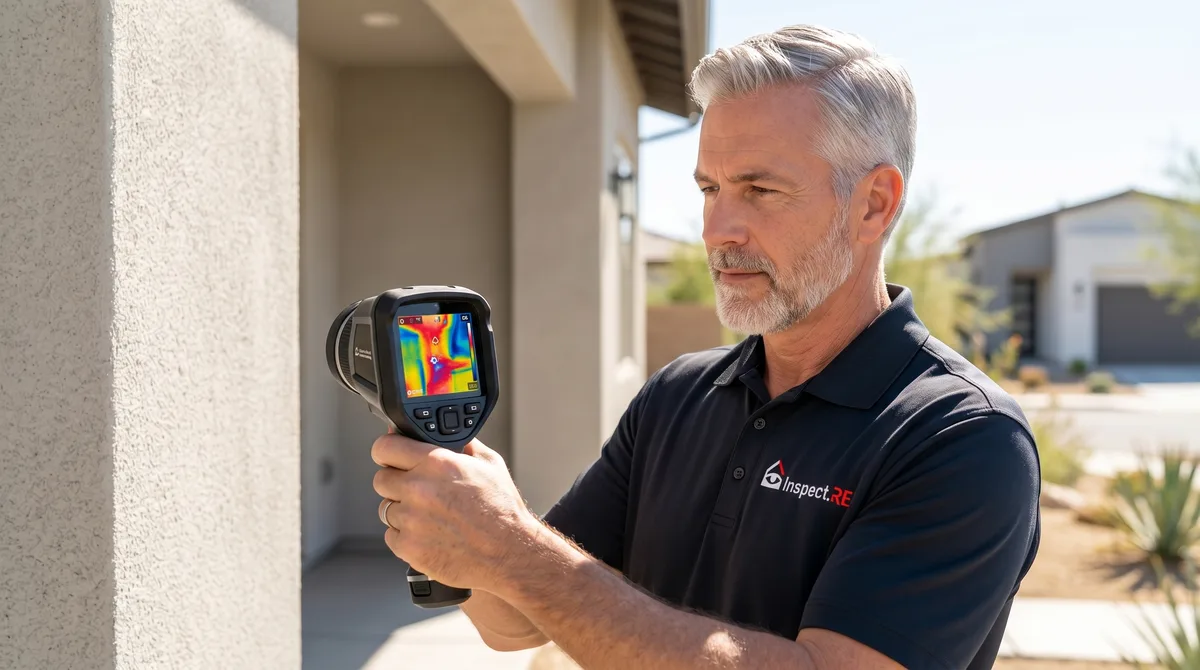 Inspection.re inspector performing infrared thermal scan on a California home to detect hidden moisture, energy loss, and electrical hazards