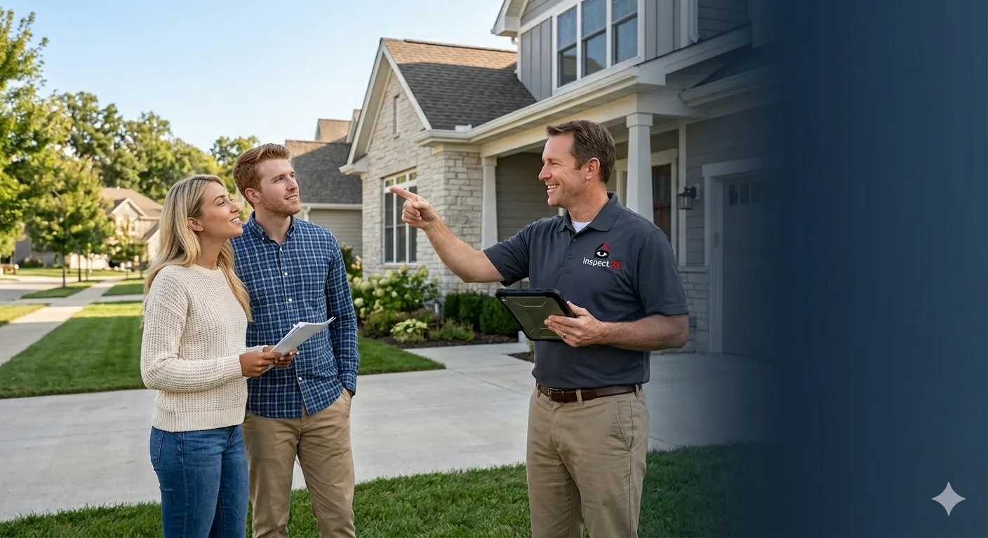Inspection.re home inspector explaining findings to homeowners in front of California home