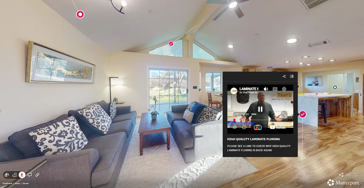 Inspection.re Matterport tour in marketing view with feature highlights and embedded video callouts for buyer presentations and MLS listings