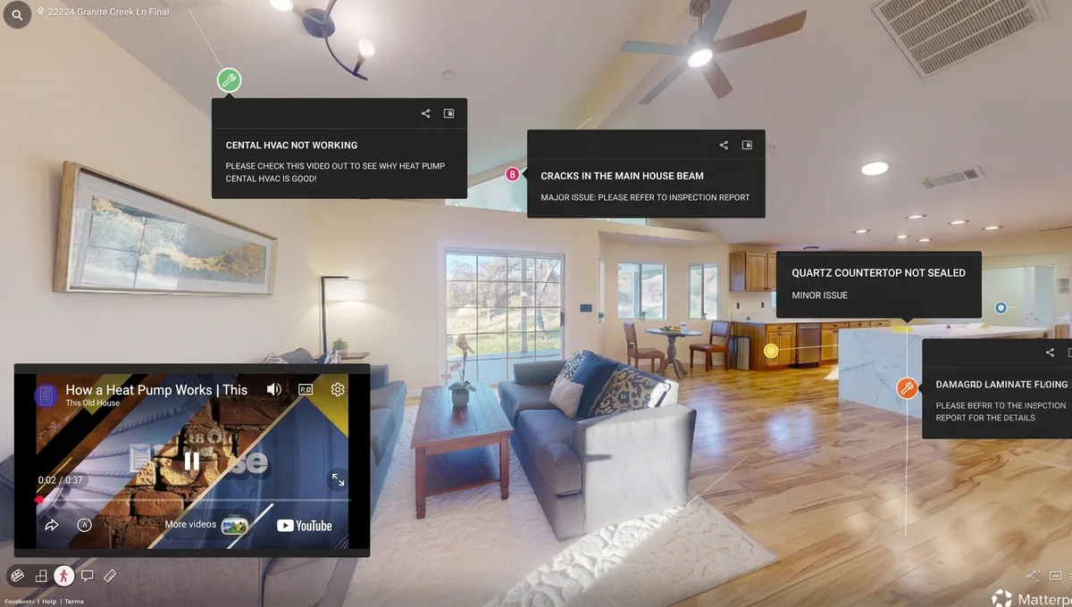 Inspection.re Matterport tour in inspection view with red tags marking HVAC, moisture, and electrical findings