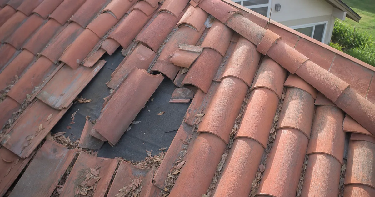 Close drone-height view of a Spanish tile roof with broken and slipped tiles exposing the underlayment beneath